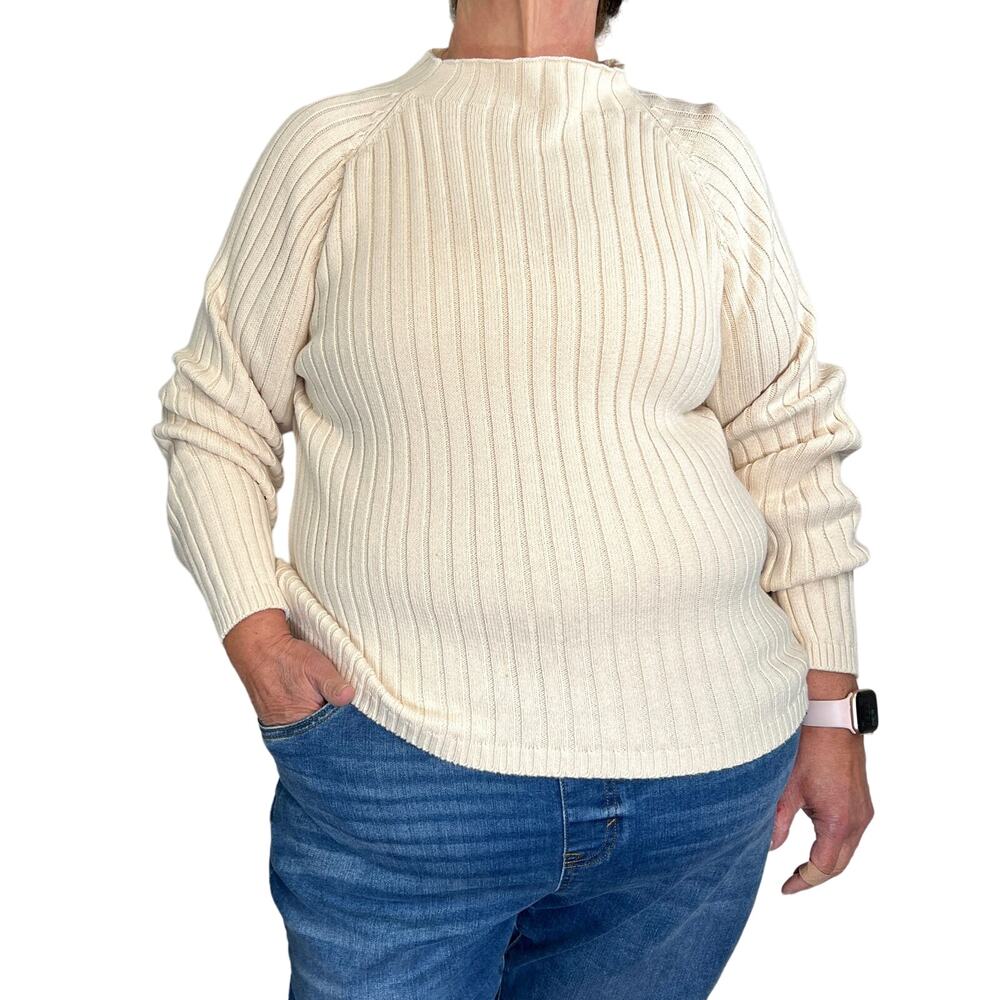 Vintage 90s Ribbed Knit Sweater Ivory Mock Neck Long Sleeve Sag Harbor Fisherman